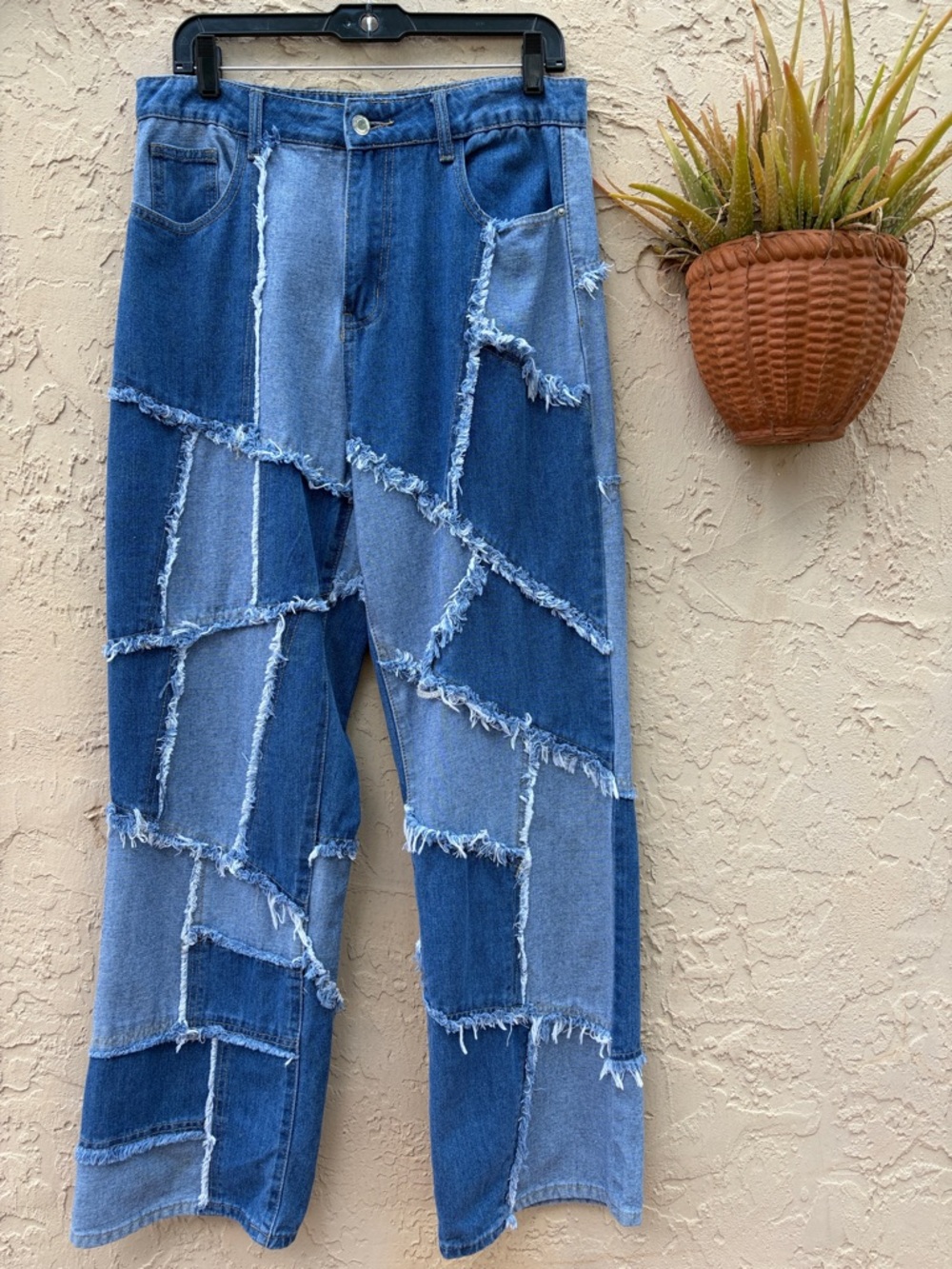 PrettyLittleThing Two-Tone Patchwork Blue Straight Leg Jeans